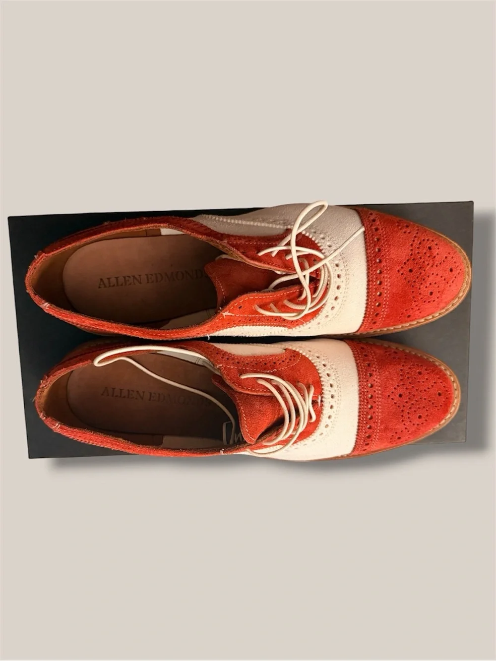 New! Allen Edmonds Custom Strand Sneakers Orange White Suede Wingtip Design (9)